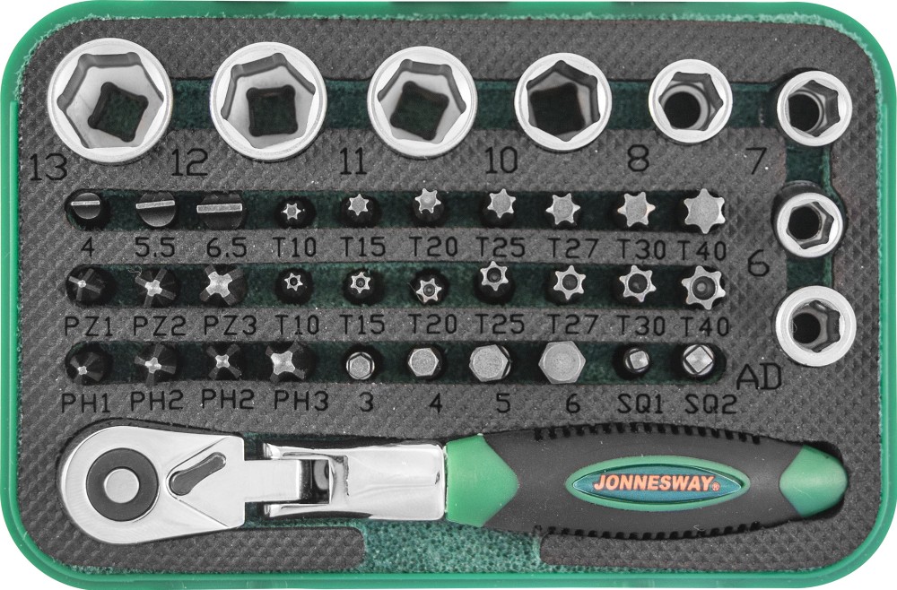 RD02040S Набор рукоятка трещоточная миниатюрная 1/4"DR со вставками-битами и головками торцевыми , 4