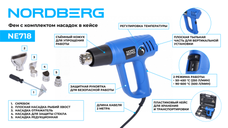 Фен, 4 насадки, в кейсе, 50-600 °С, 2000 Вт NORDBERG NE718