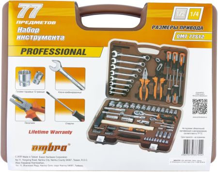 OMT77S12 Набор инструмента универсальный 1/4", 1/2"DR с головками торцевыми 12-гранными 1/2"DR, 77 п