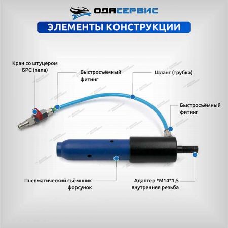 Съемник дизельных форсунок, пневматический с комплектом адаптеров ОДА Сервис ODA-3204B